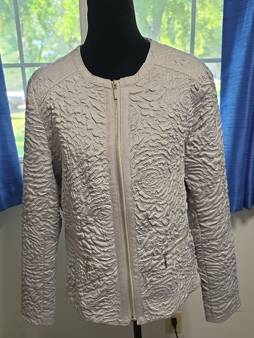 Laura Ashley Light Gray Quilted Zip-Front Bomber Jacket